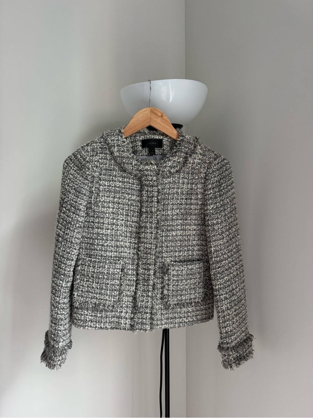 J. Crew Gray Tweed Frayed-Trim Cropped Blazer